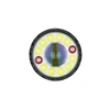 Front view of a high-power LED flashlight head showing a central glass lens surrounded by circular yellow and red LEDs.