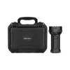 Olight heavy duty flashlight standing next to its branded black protective carrying case on a white background.