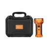 Olight Marauder 2 orange powerful searchlight standing next to its black hard-shell carrying case with logo on white background