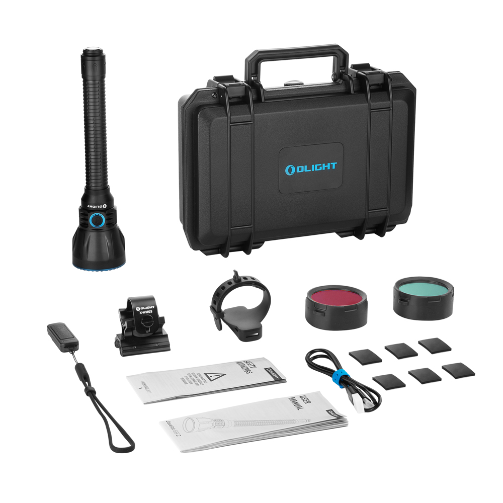Olight Black Javelot Turbo 2 complete kit with hard case and accessories for long-range tactical hunting and outdoor use