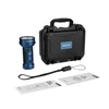 Blue Olight Marauder 2 flashlight with black case, user manual, and warning sheet