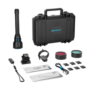 Olight Black Javelot Turbo 2 long-range tactical flashlight kit with accessories and colored filters for outdoor use.