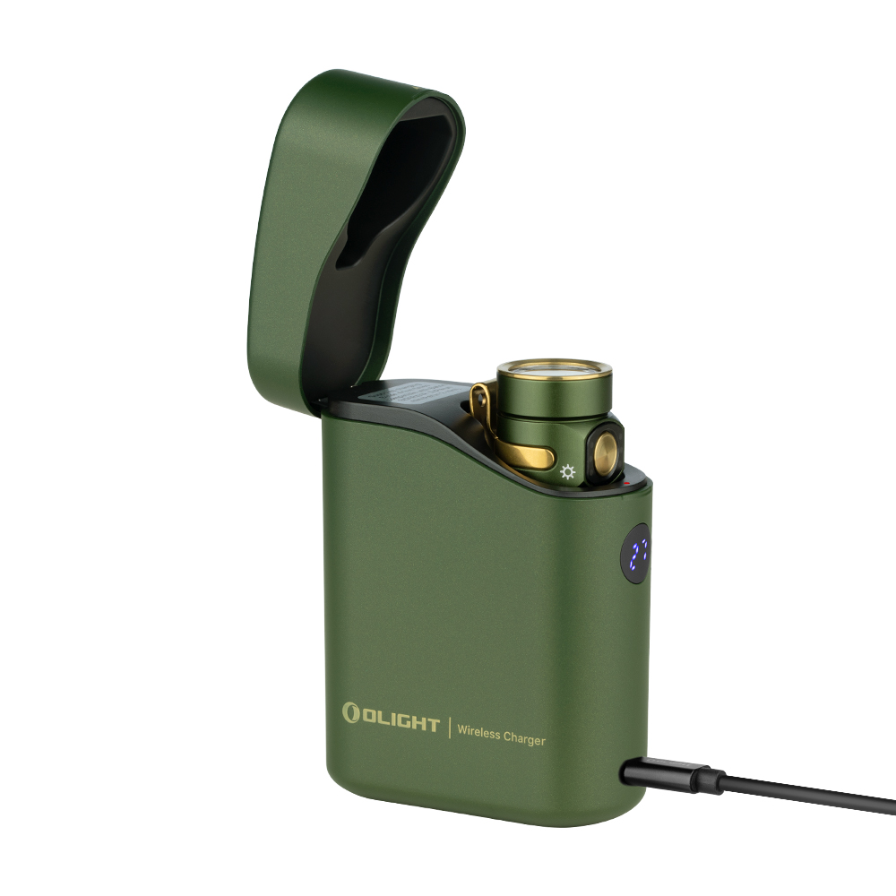 Olight Olive Green Baton 4 Premium Side View with Charging Case for Everyday Carry and Emergency Lighting
