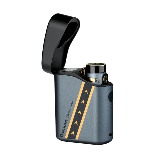 Olight Baton 4 Premium Edition Grey Charging Case Half Open with Gold Accents for Portable Charging