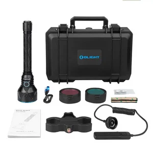 Olight Javelot Pro 2 tactical hunting flashlight kit with hard case, red/green filters, remote switch, mount.