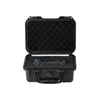 Olight black flashlight in rugged hard case, cushioned with black foam, on white background