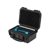 Blue tactical flashlight in open black protective hard case with foam lining