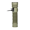 Rechargeable olive green tactical flashlight with USB-C cable charging, featuring a textured grip handle.