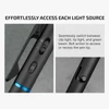 Multifunctional pen with switchable clip light, tip light, and green beam; bolt-action pen tip access.