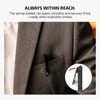 Close-up of a wearable clip recorder attached to a suit pocket.