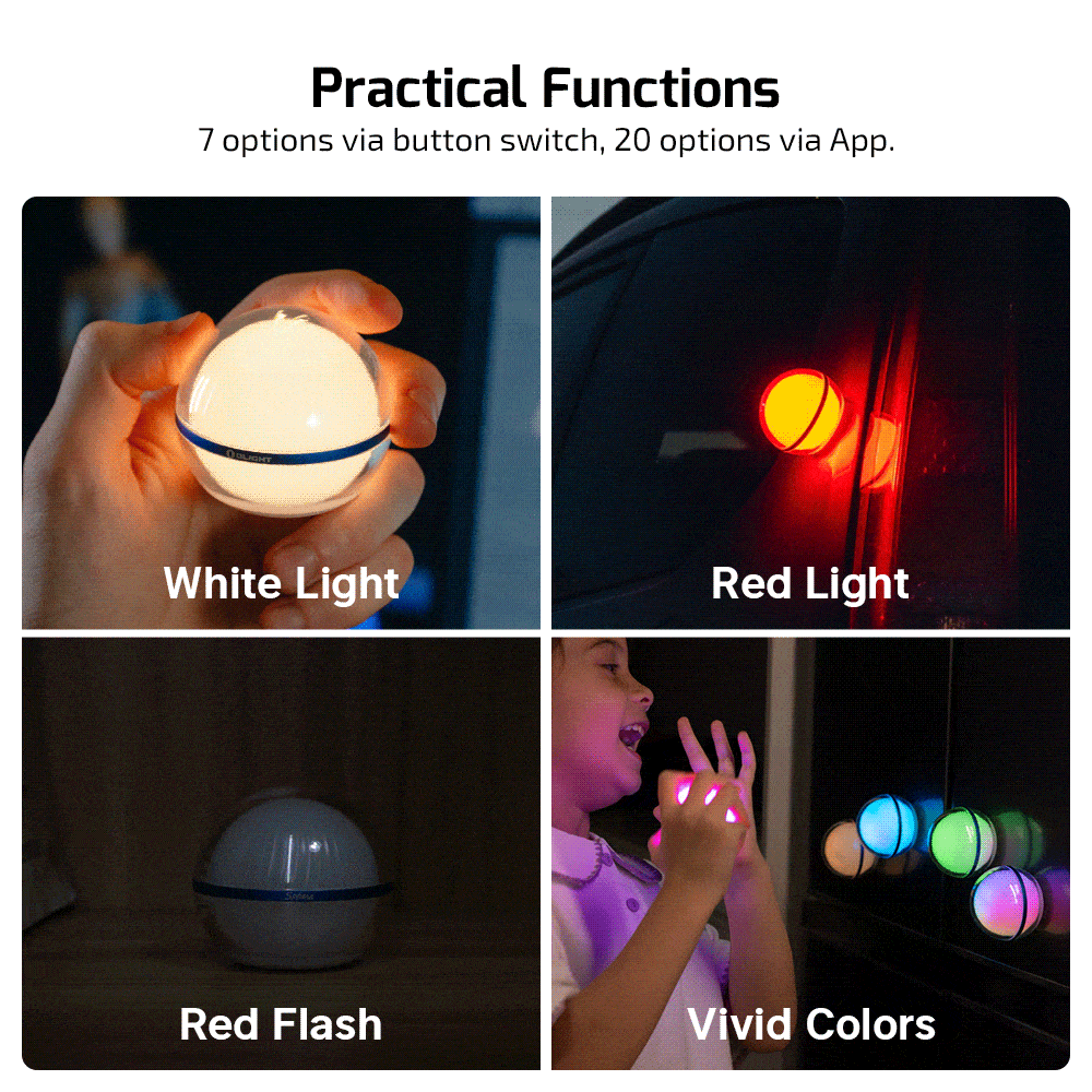 Illuminated orb: white light, red light, red flash, and vivid colors, demonstrating its practical functions and versatility.
