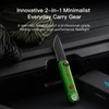 Oknife LK 2-in-1 minimalist pocket knife and flashlight with a green and red handle on a tactical gear background