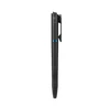 Black tactical pen with textured grip, blue accent band, pocket clip, and CE marking.