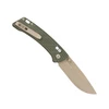 Military green folding knife with desert tan blade and matching pocket clip.