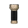 Gold-finished tactical flashlight with patterned top and base, textured black grip, and hot surface warning icon.