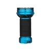 Blue flashlight with black textured grip and "Hot Surface" warning.