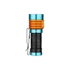 Olight Arkfeld Pro flashlight in orange and blue with a black textured grip and pocket clip.