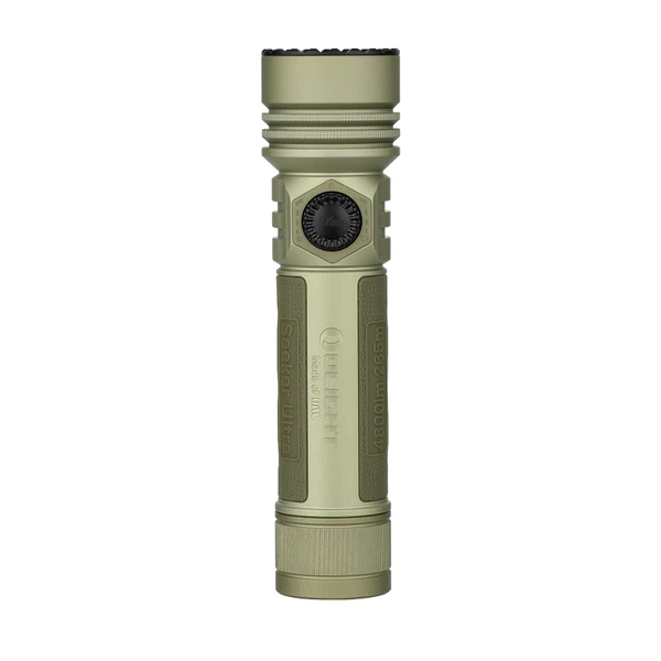 Olight Seeker Ultra army green tactical flashlight isolated on white background
