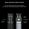 Olight Baton 4 vs Baton 3 flashlights with intuitive metal switch, battery, and brightness indicators.