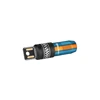 Olight blue and orange racing edition keychain flashlight with checkered flag pattern and USB charger plug