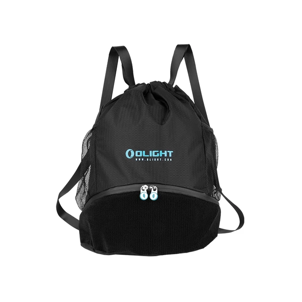 Olight black drawstring backpack with mesh side pockets, blue logo, and zipper pouch on white background