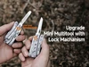 Hands holding an upgraded mini multitool with liner lock safety mechanism and blade unfolded outdoors