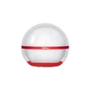 Clear sphere holiday ornament with red base, red "Sphere" band, and white textured interior featuring snowflakes.