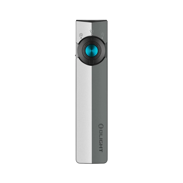 Olight Silver and Gray ArkPro Lite front view with blue control button, offering multi-function UV and LED light for everyday carry.