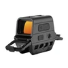 Black holographic weapon sight with orange tinted lens and protective flip-up cover isolated on white background