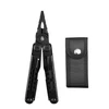 Black stainless steel multi-tool pliers with HX OUTDOORS brand logo next to a black nylon sheath on a white background