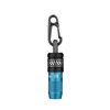 Compact blue EDC keychain flashlight with checkered band and carabiner clip isolated on white background
