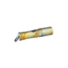 Compact EDC keychain flashlight featuring a tropical palm leaf pattern in yellow and blue, isolated on a white background