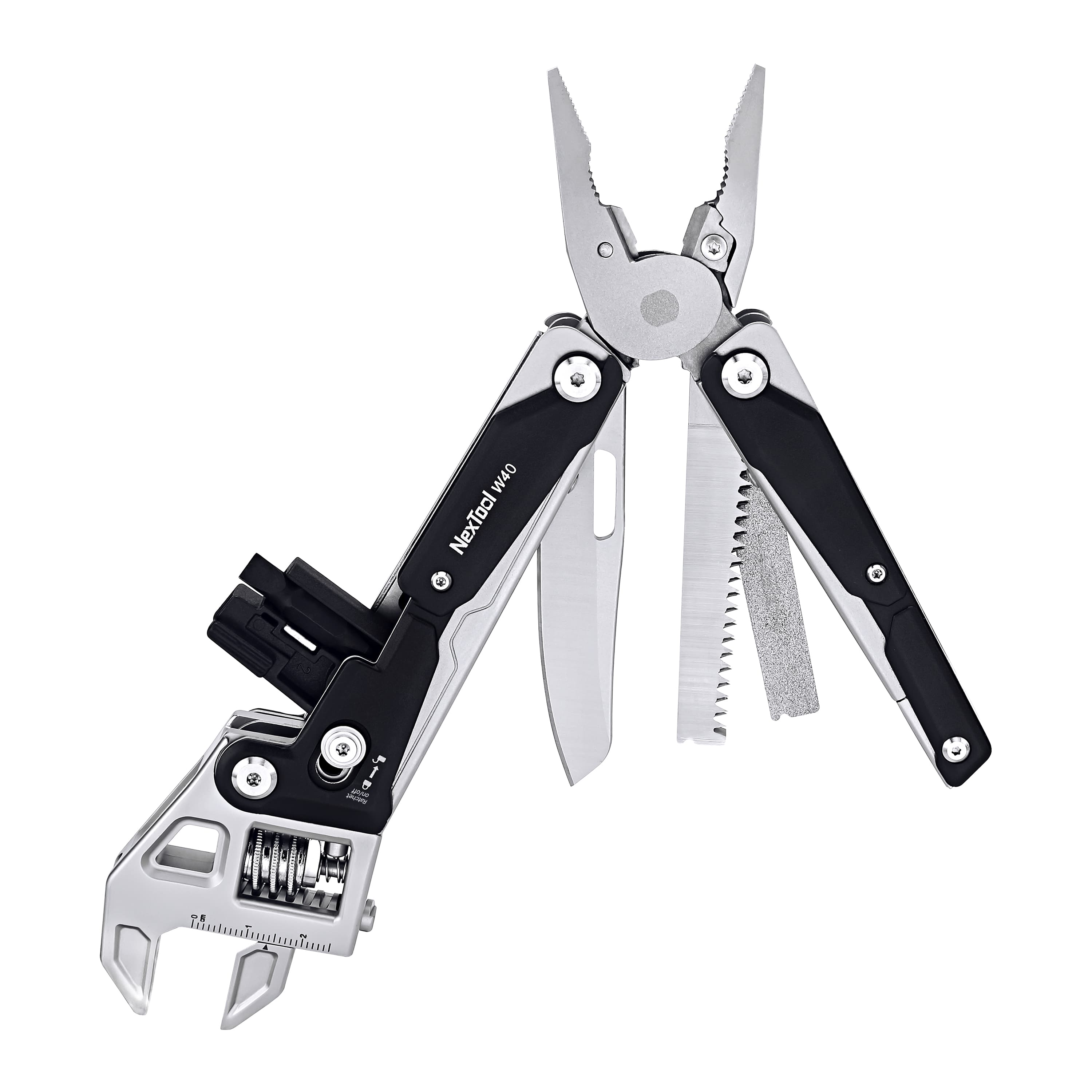 NexTool W40 multi-tool featuring pliers, adjustable wrench, knife, and wood saw isolated on white background