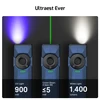 Olight Blue Arkfeld Ultra multi-functional flashlight displaying UV light, green laser, and 1400 lumen white light modes.