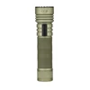 Olive green tactical flashlight with textured grip and USB charging port on white background