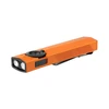 Olight Orange ArkPro EDC flashlight, front-side view with dual lights, textured grip, control knob, and pocket clip.