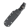 Black tactical fixed blade knife secured in textured Kydex sheath with leather retaining strap on white background