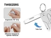 Detachable tweezers on a pocket multitool for splinter removal and ergonomic 90-degree grip.