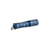 Blue mini keychain flashlight with engraved floral pattern and keyring loop isolated on white background