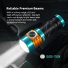 Bright LED flashlight with high-efficiency reflector, 6500K-7500K beam, sharp hotspot, wide spill for optimal viewing.