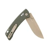 Heron RI olive green folding knife with tan blade partially open, featuring textured handle and pocket clip.