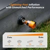 Portable orange air pump inflating a grey air mattress on grass with inflation performance data chart