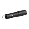 Compact black flashlight with keyring, visible "Olight" branding, model number, and regulatory marks.