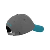 Gray and teal baseball cap with adjustable strap and light blue text on the back, side view