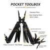Black 12-in-1 multi-tool pocket toolbox diagram showing pliers, wire cutters, saw, knife, screwdrivers, and scissors.