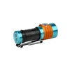 Baton Turbo flashlight, orange and blue with black grip, on a white background