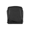 Black backpack, rear view, with adjustable shoulder straps and mesh side pockets, isolated on white background.