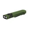 Olight Olive Green ArkPro Lite rechargeable EDC flashlight with dual emitters, rotary switch, USB-C port, and pocket clip.
