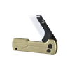 Gold folding pocket knife with a white ceramic utility blade and safety lock on black background