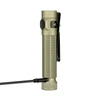 Olight Desert Tan Baton Ultra Flashlight Side View with charging cable and pocket clip for everyday carry